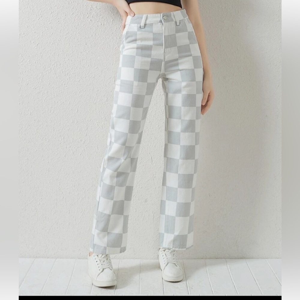 SHEIN GINGHAM Pattern Straight Leg Denim Size 14Y
